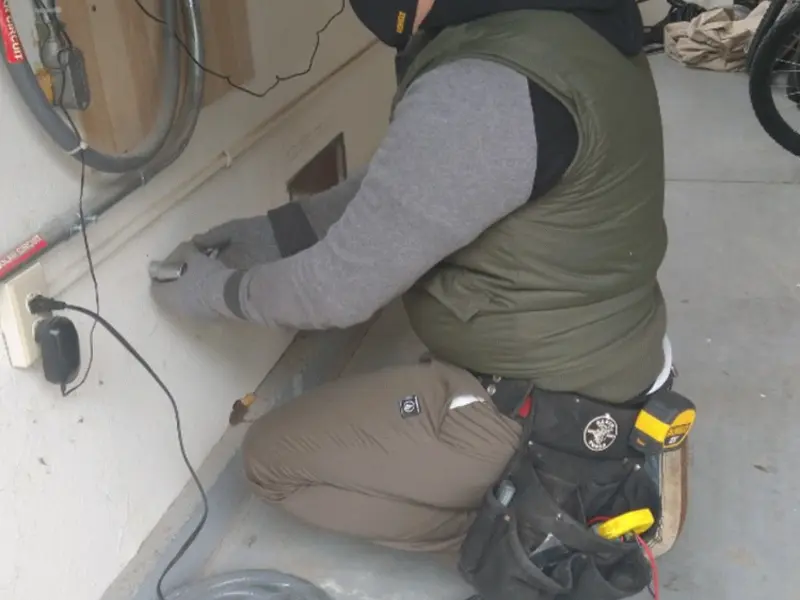 Electrician performing outlet wiring in a Northville garage